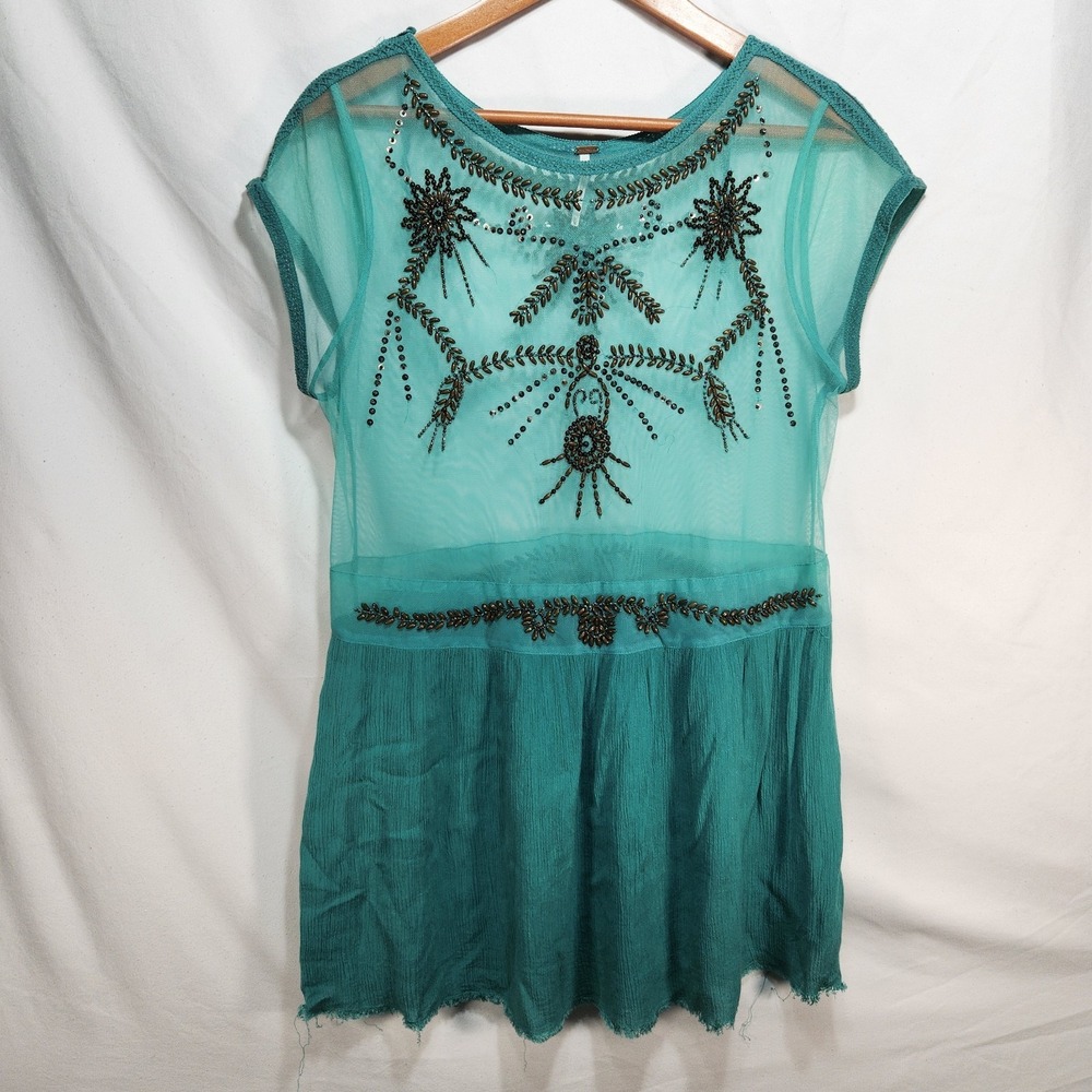 Free People Womens Short Sleeve Beaded Tunic Shirt Size Medium Teal Green